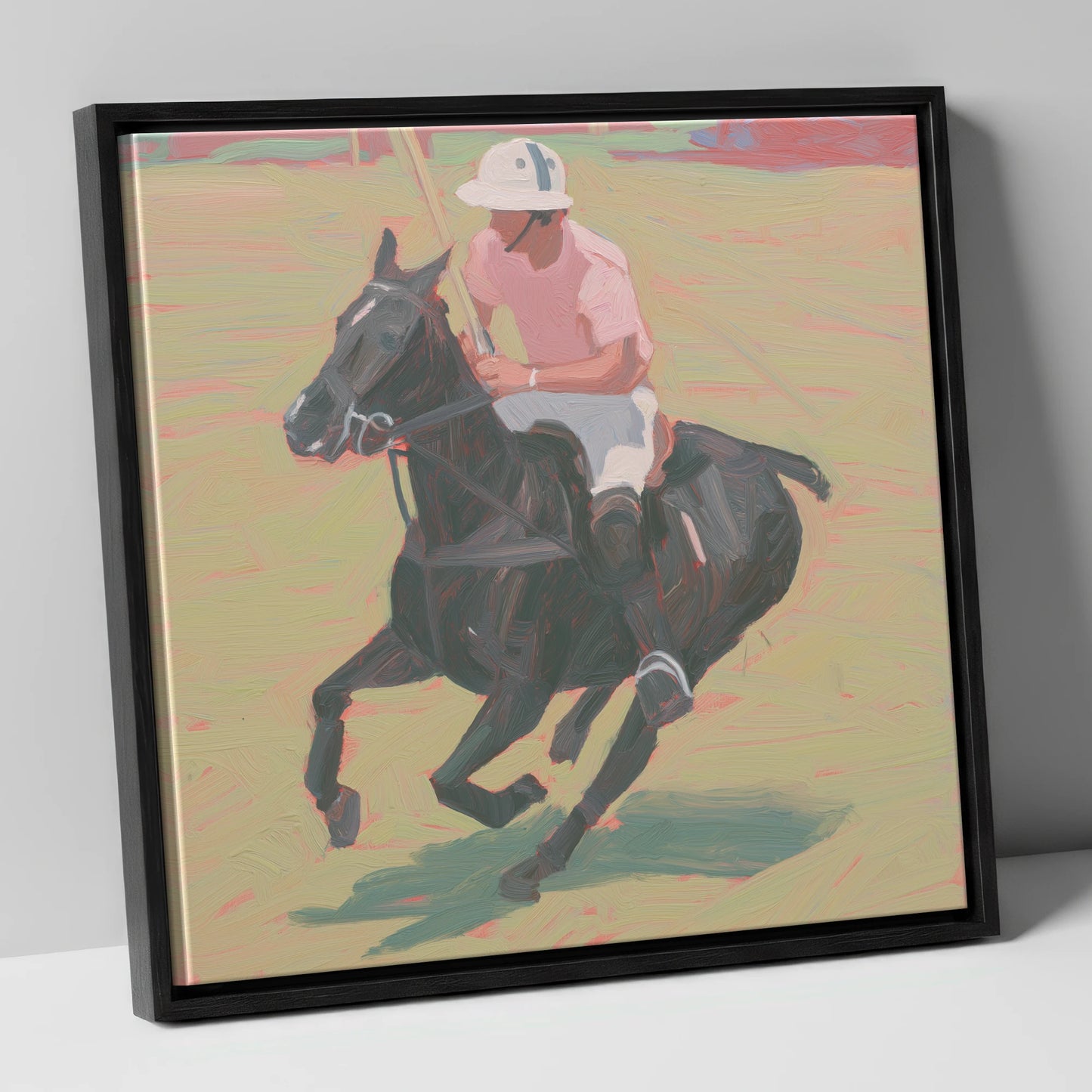 The Pink Chukka polo horse canvas wall art in black frame