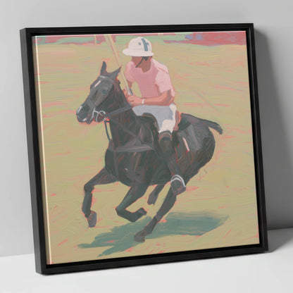 The Pink Chukka polo horse canvas wall art in black frame
