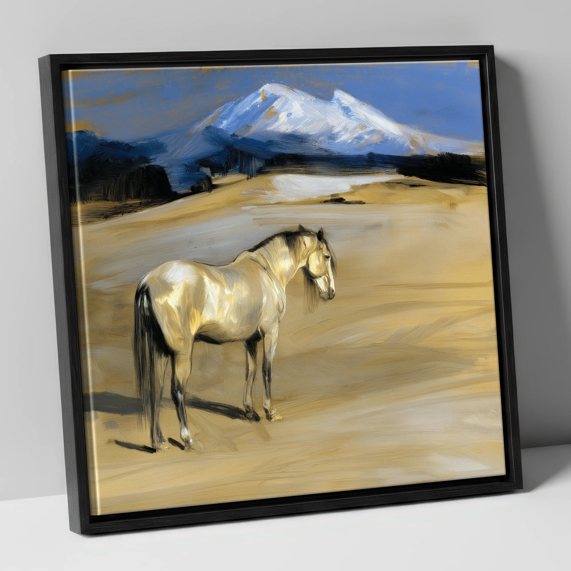 Mountain Sentinel horse landscape canvas wall art in black frame
