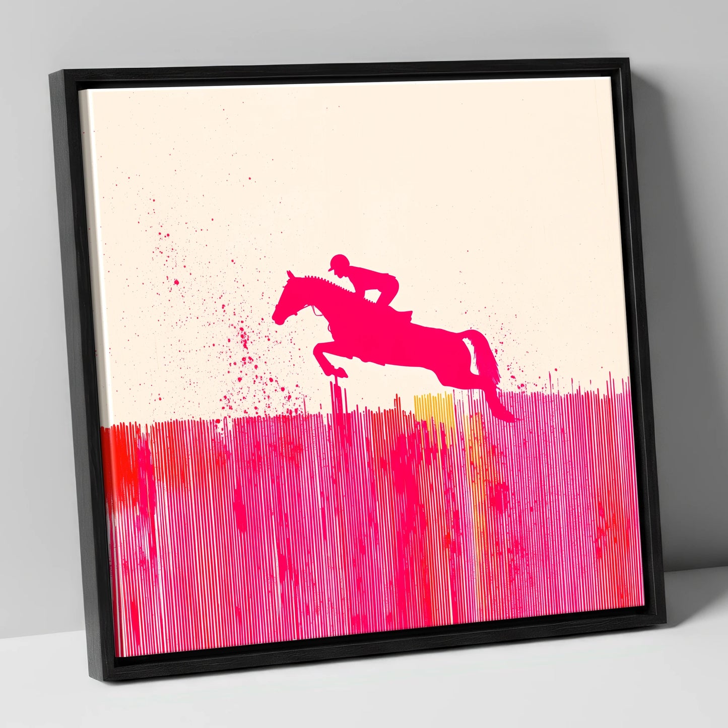 Vibrant Magenta Leap show jumping horse canvas wall art in black frame