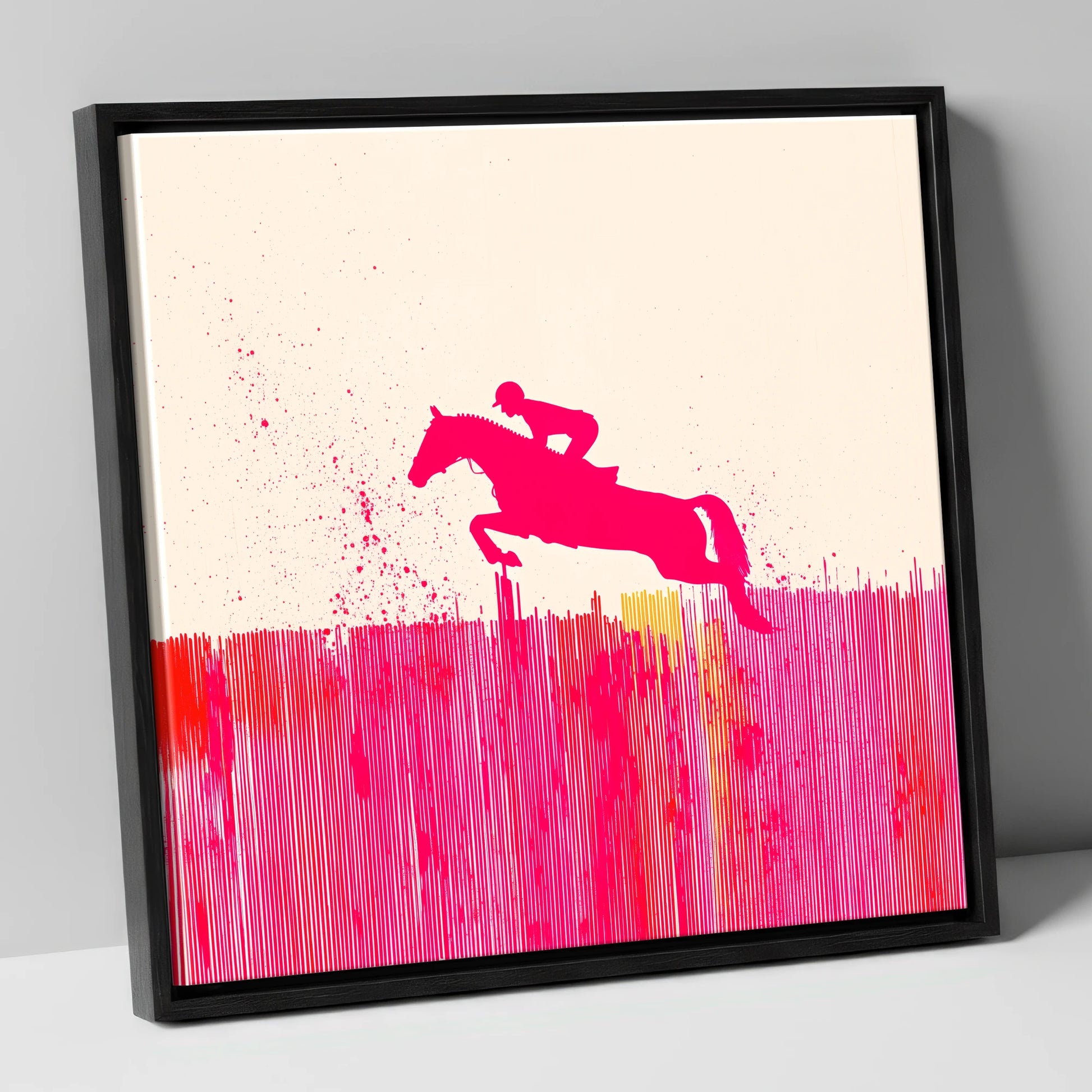 Vibrant Magenta Leap show jumping horse canvas wall art in black frame