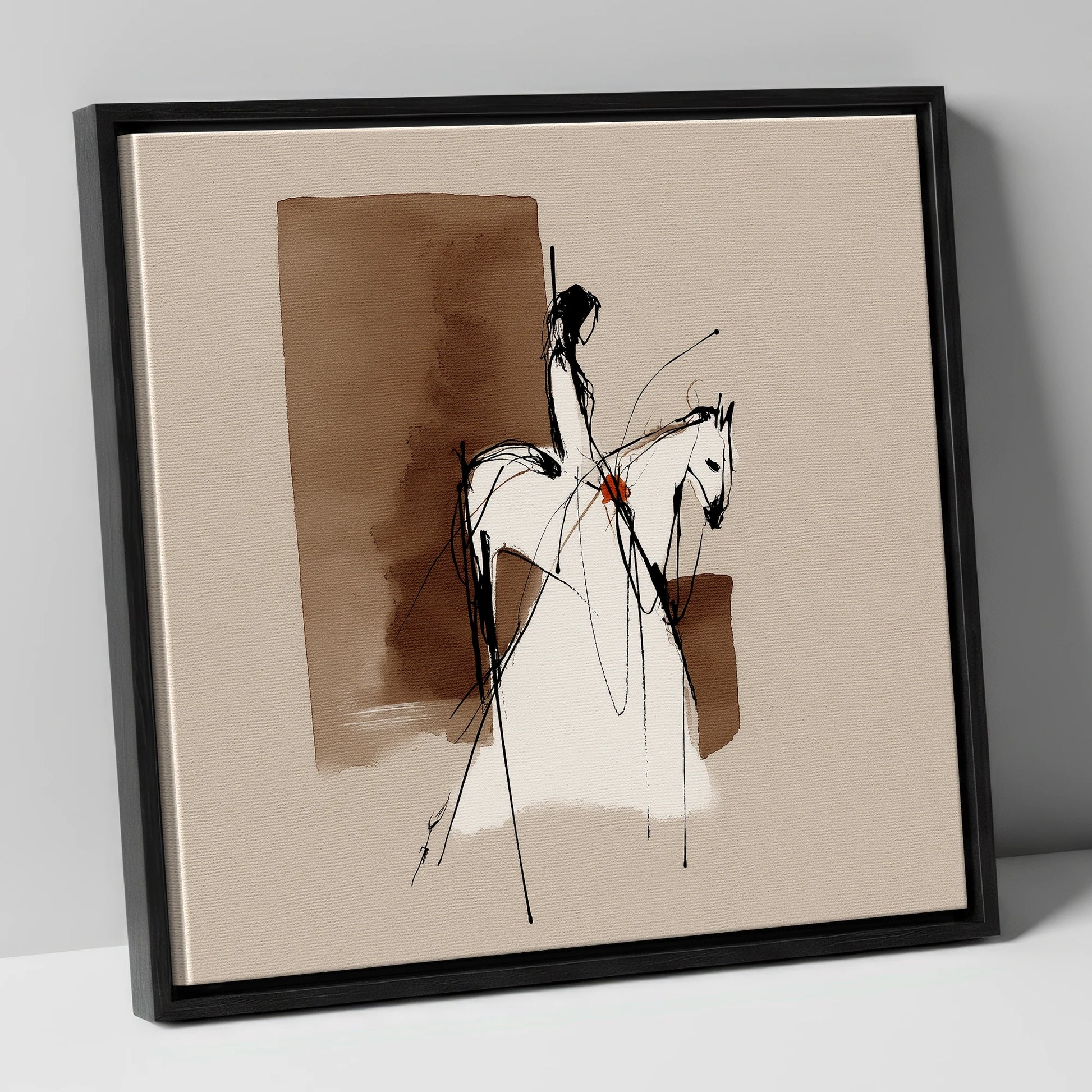 Sepia Rider Silhouette horse & rider canvas wall art in black frame