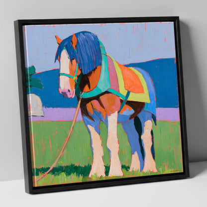 Colourful Heavy Horse In Harness horse breed canvas wall art in black frame