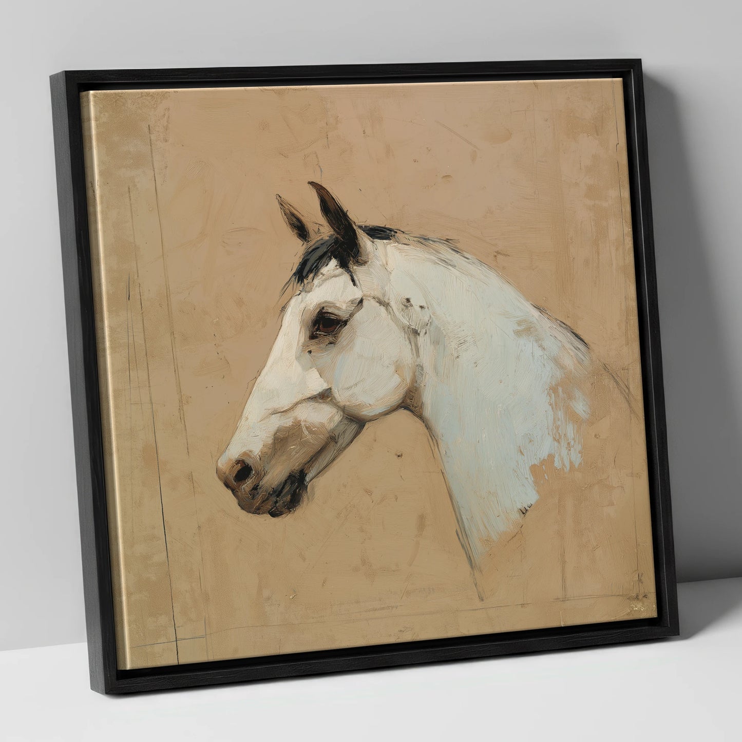 Elegance in Grey horse portrait canvas wall art in black frame