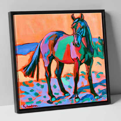 Vivid Turquoise And Purple Horse horse breed canvas wall art in black frame
