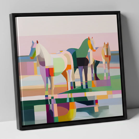 Geometric Equine Horizon horse landscape canvas wall art in black frame