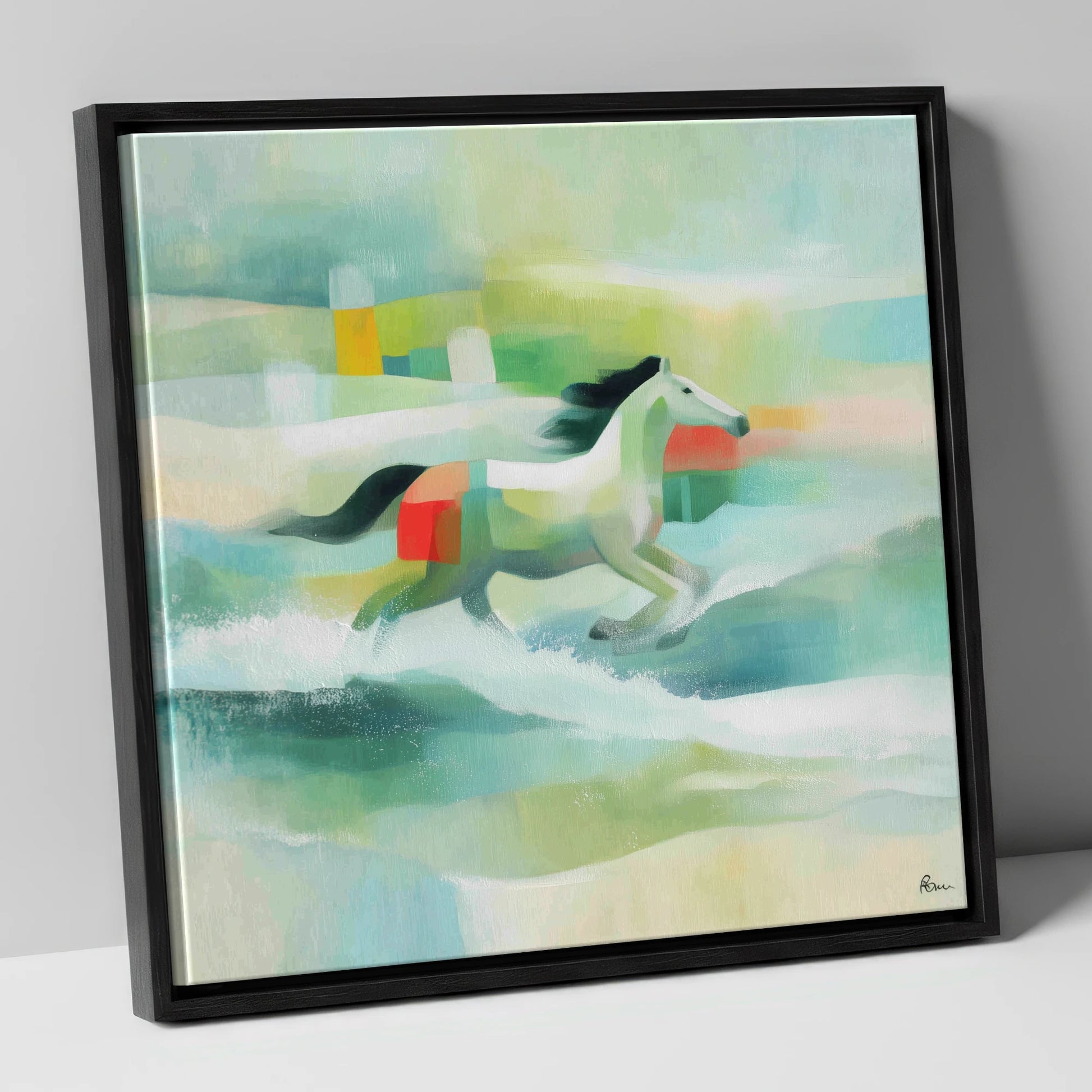 Modern Coastal Canter beach horse canvas wall art in black frame
