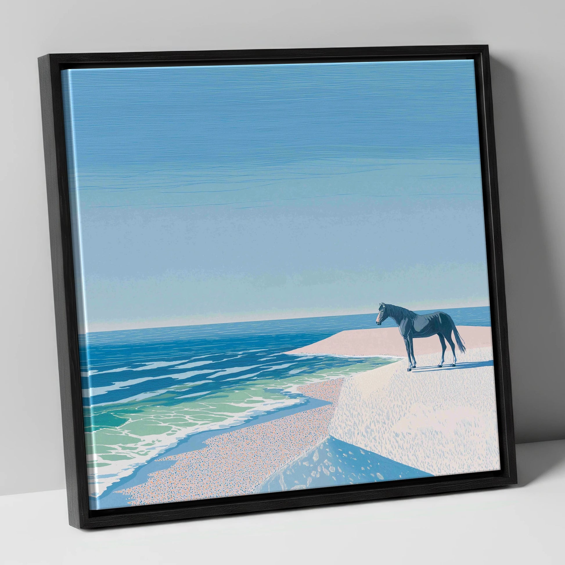 Coastal Solitude horse landscape canvas wall art in black frame