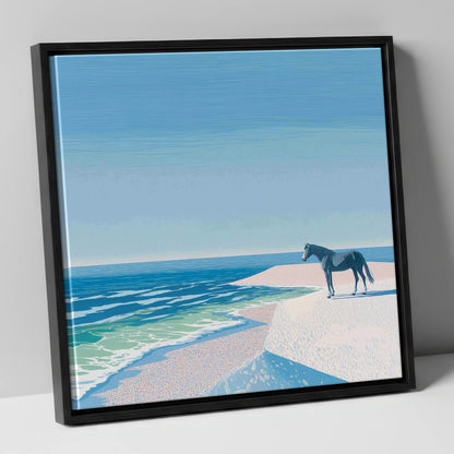 Coastal Solitude horse landscape canvas wall art in black frame