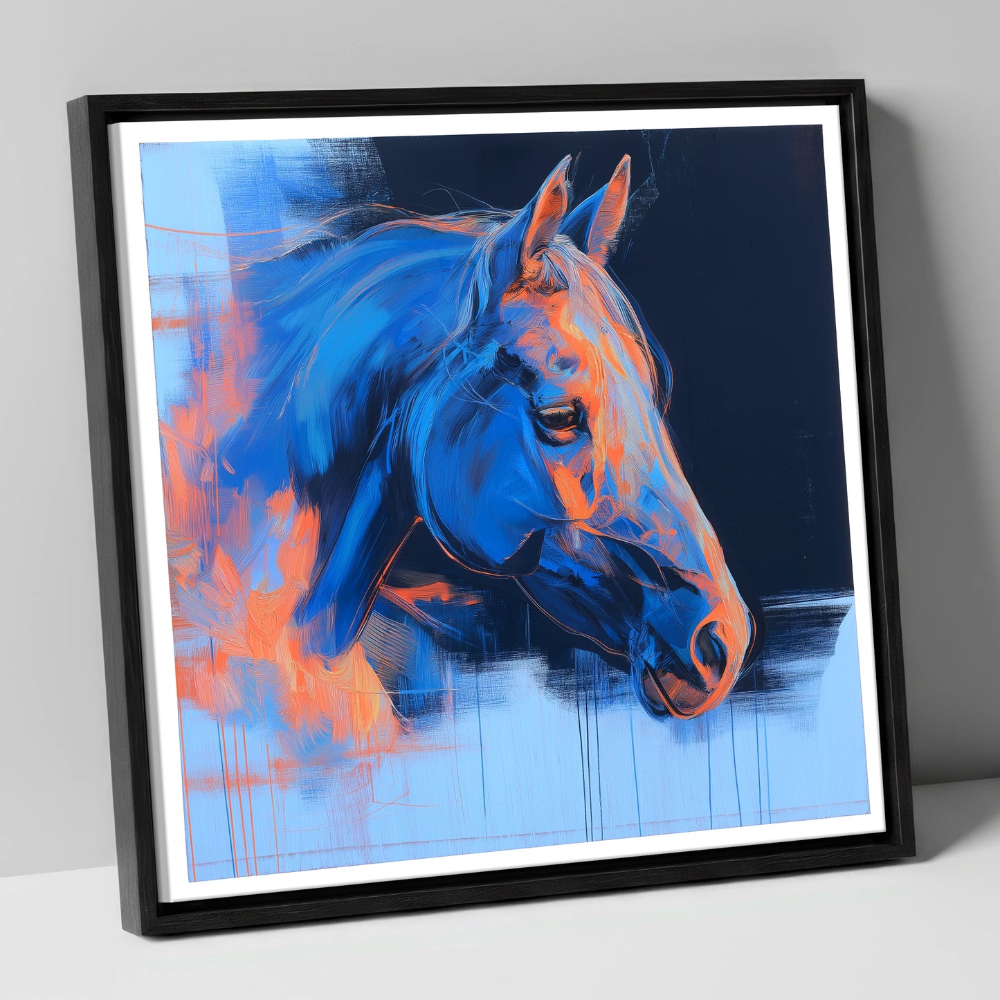 Expressive Cobalt Profile horse portrait canvas wall art in black frame