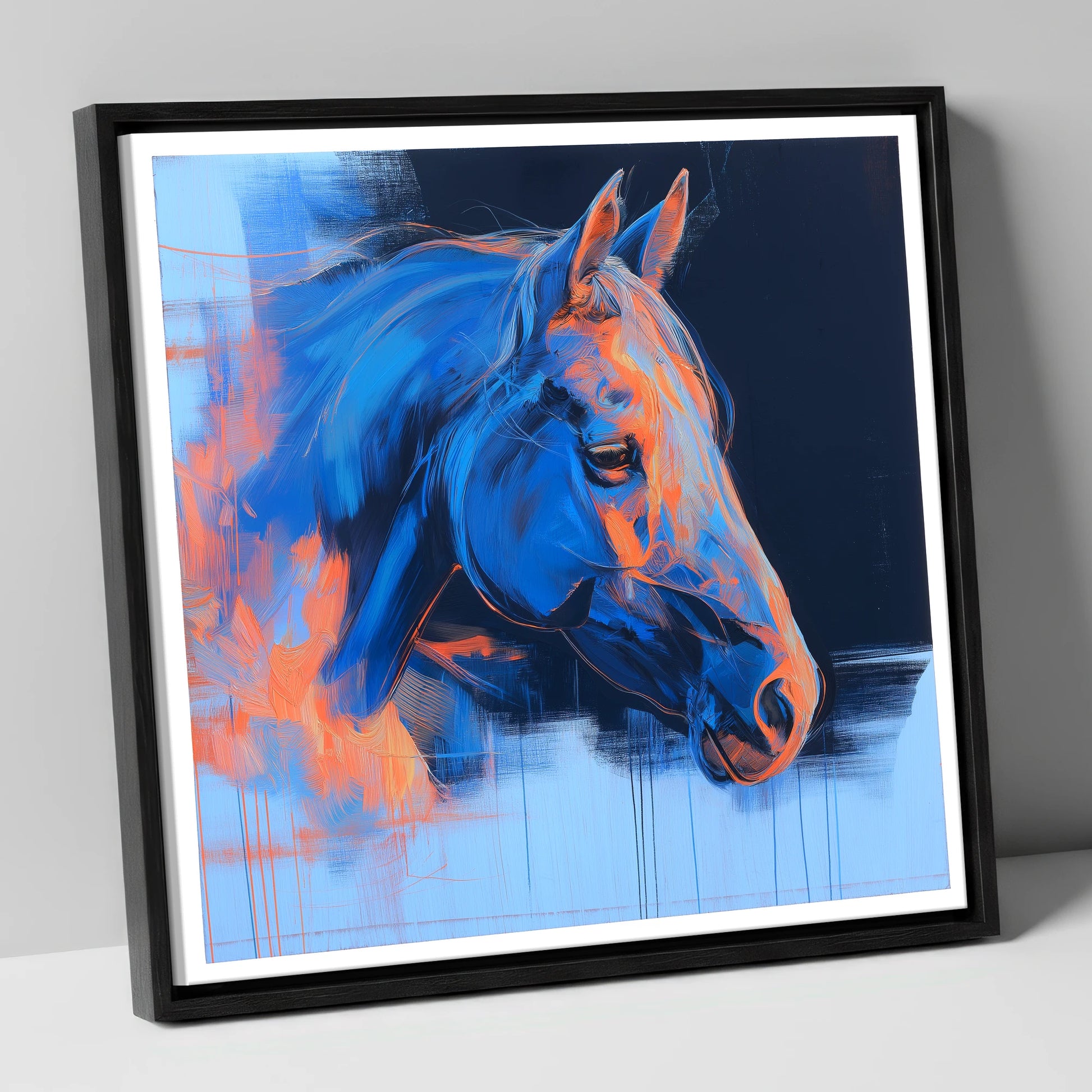 Expressive Cobalt Profile horse portrait canvas wall art in black frame