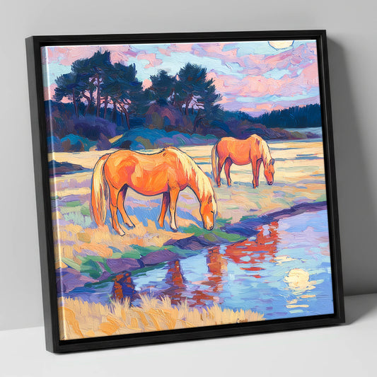 Evening Pasture Reflections horse landscape canvas wall art in black frame