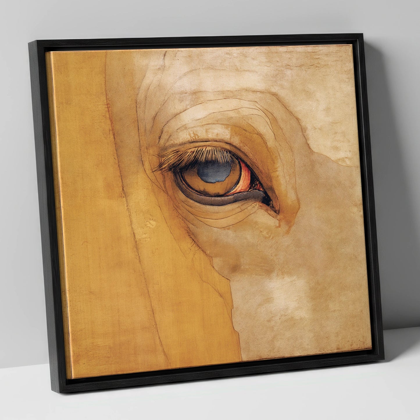 The Golden Gaze horse portrait canvas wall art in black frame