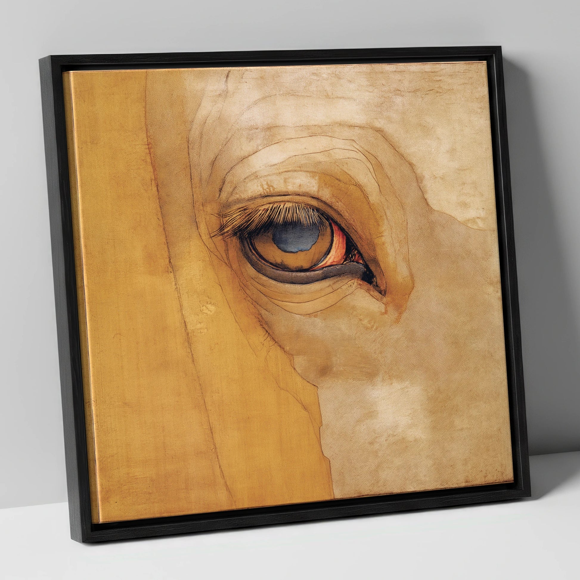 The Golden Gaze horse portrait canvas wall art in black frame