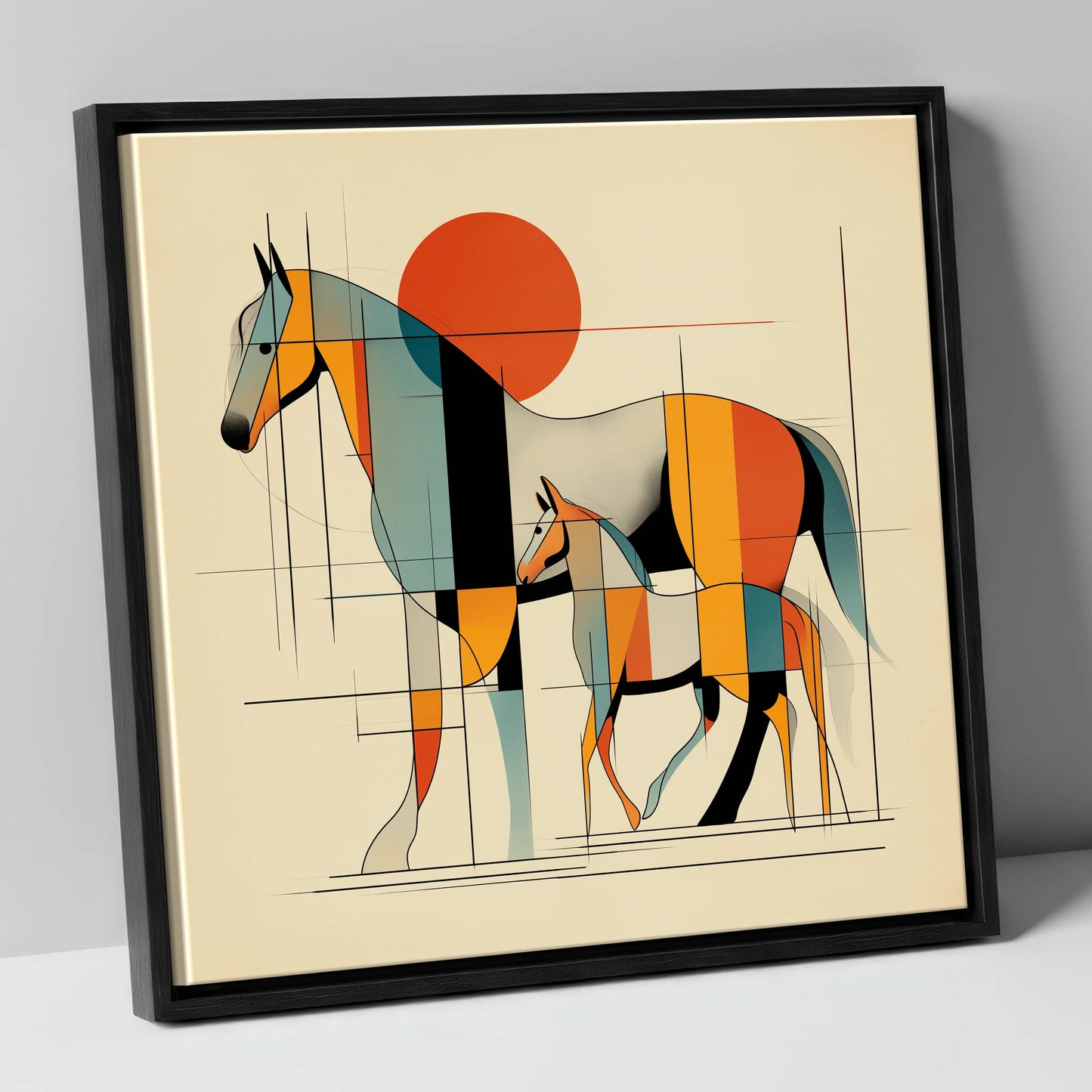 Harmony in Form mare & foal canvas wall art in black frame