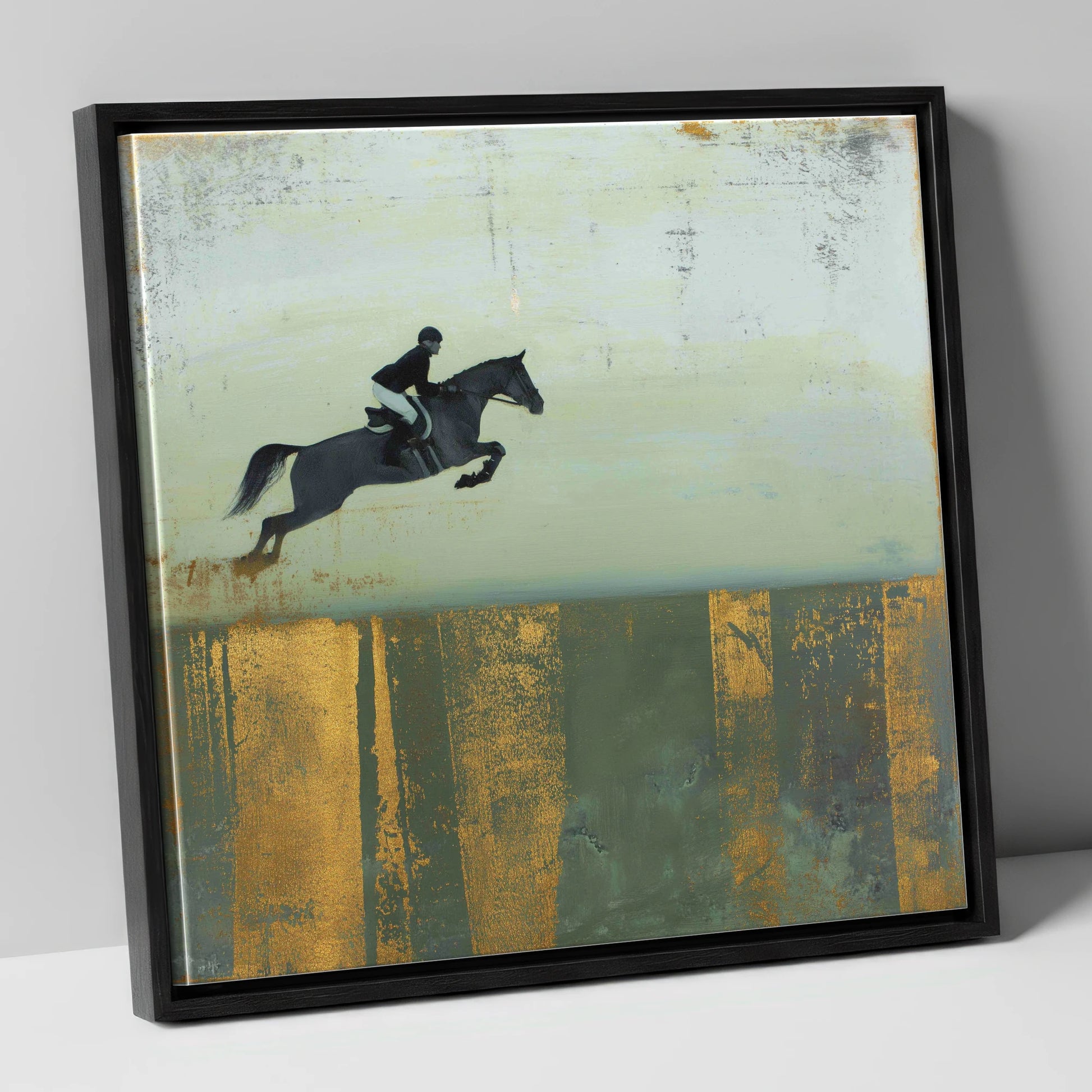 Gilded Flight show jumping horse canvas wall art in black frame