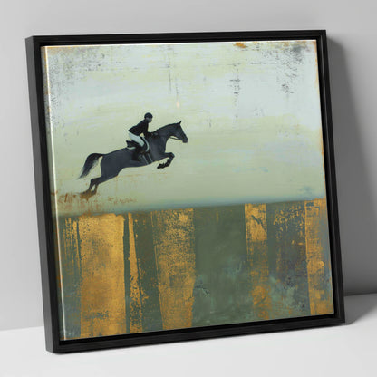 Gilded Flight show jumping horse canvas wall art in black frame