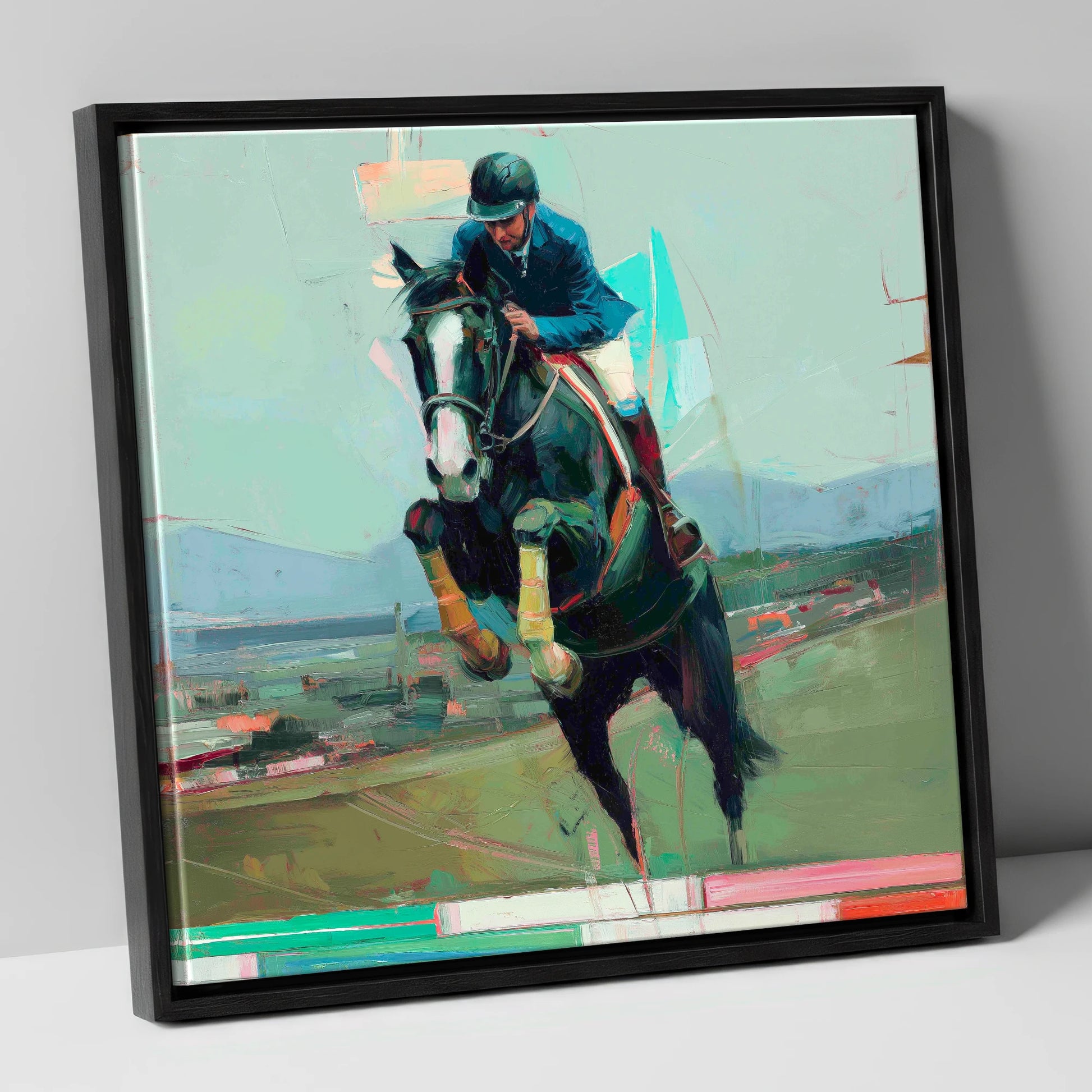 Bold Ascent show jumping horse canvas wall art in black frame