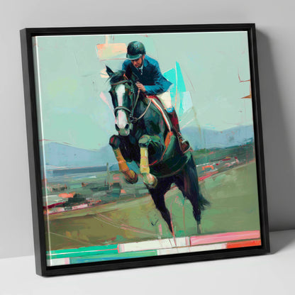 Bold Ascent show jumping horse canvas wall art in black frame