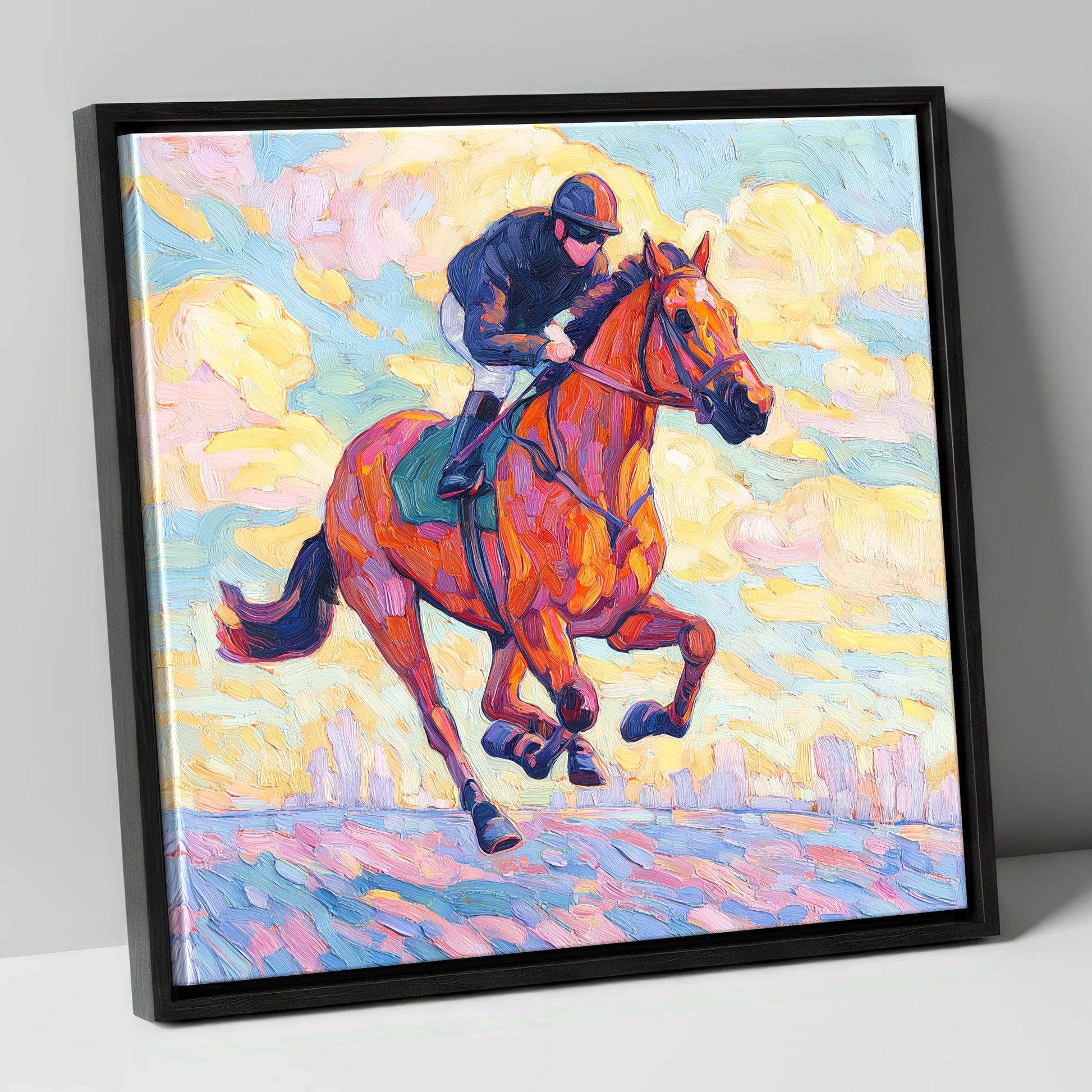 Technicolour Gallop racing horse canvas wall art in black frame