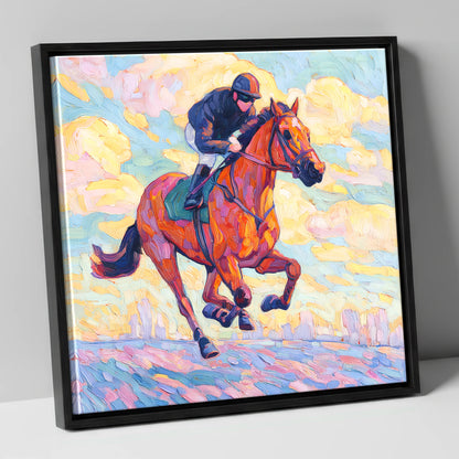 Technicolour Gallop racing horse canvas wall art in black frame