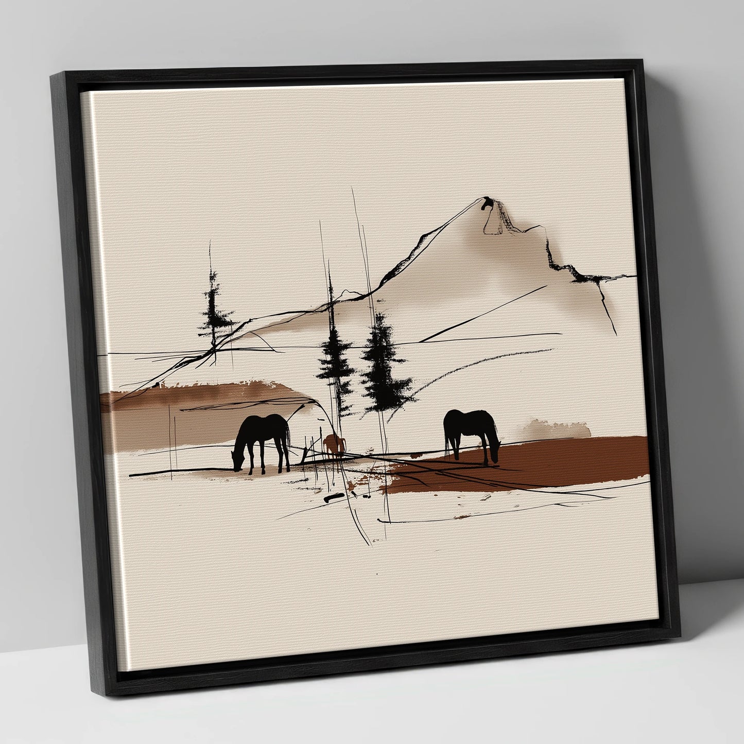 Mountain Pasture Silhouettes horse landscape canvas wall art in black frame