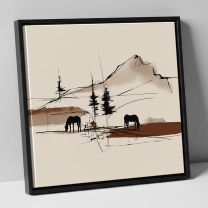 Mountain Pasture Silhouettes horse landscape canvas wall art in black frame