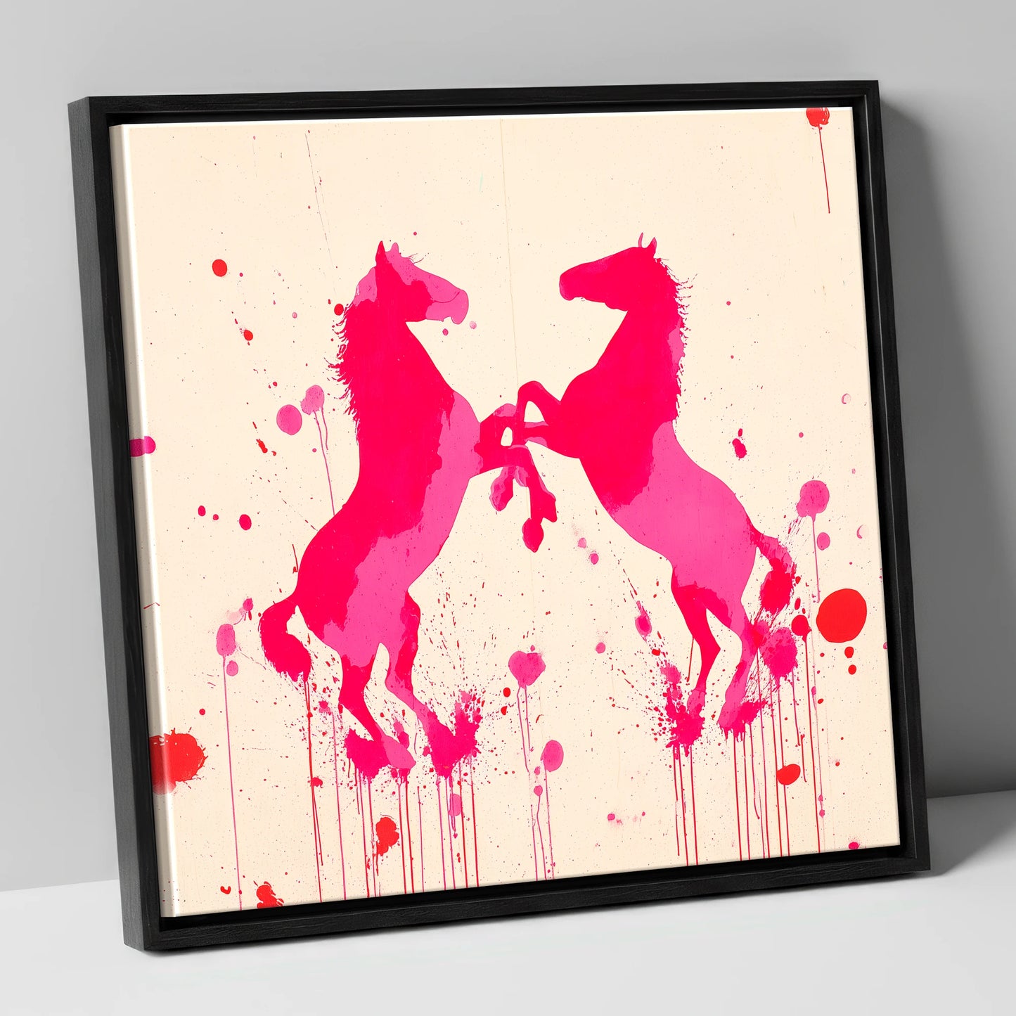 Rearing in Magenta wild horses canvas wall art in black frame