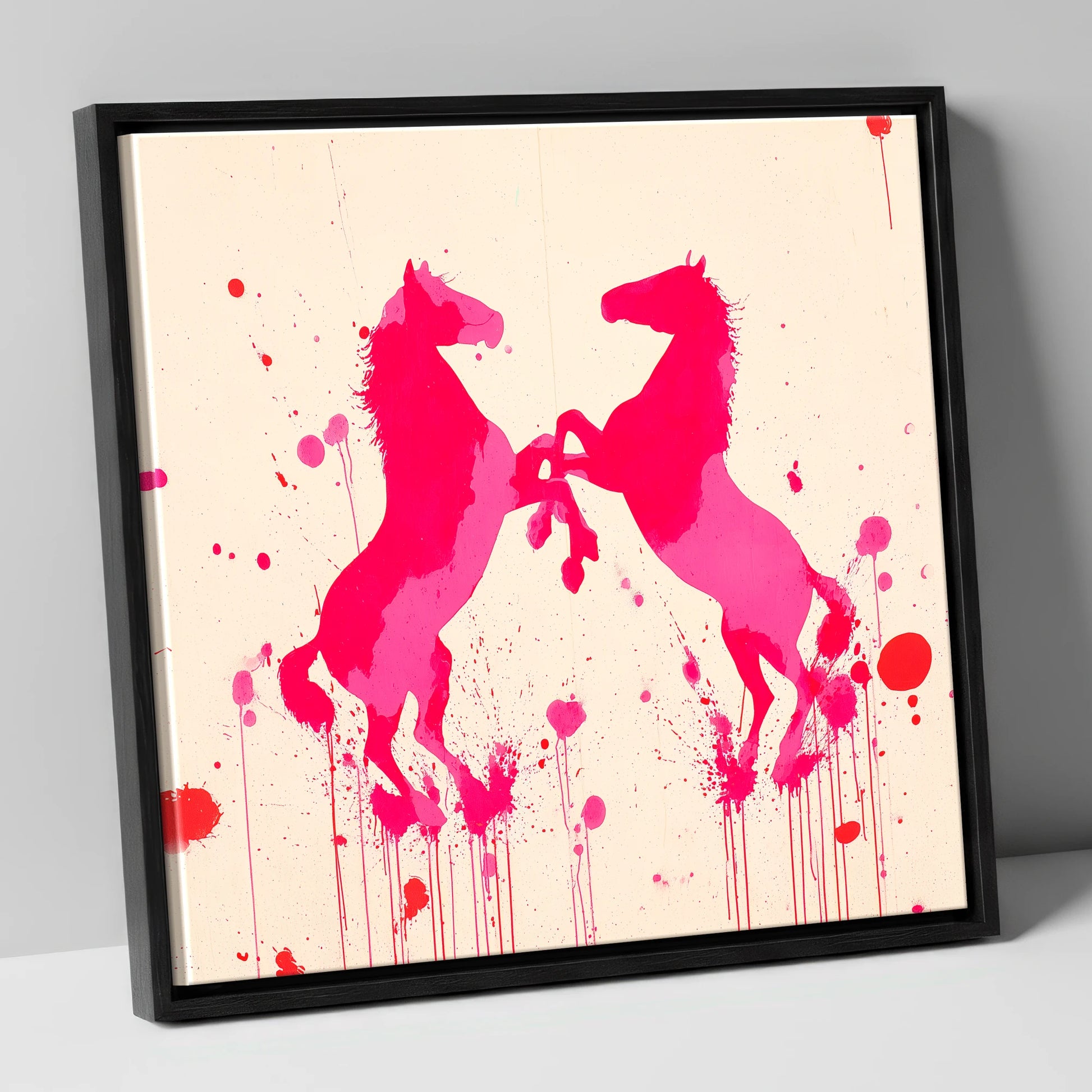 Rearing in Magenta wild horses canvas wall art in black frame