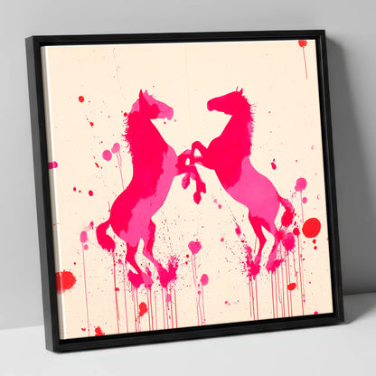 Rearing in Magenta wild horses canvas wall art in black frame