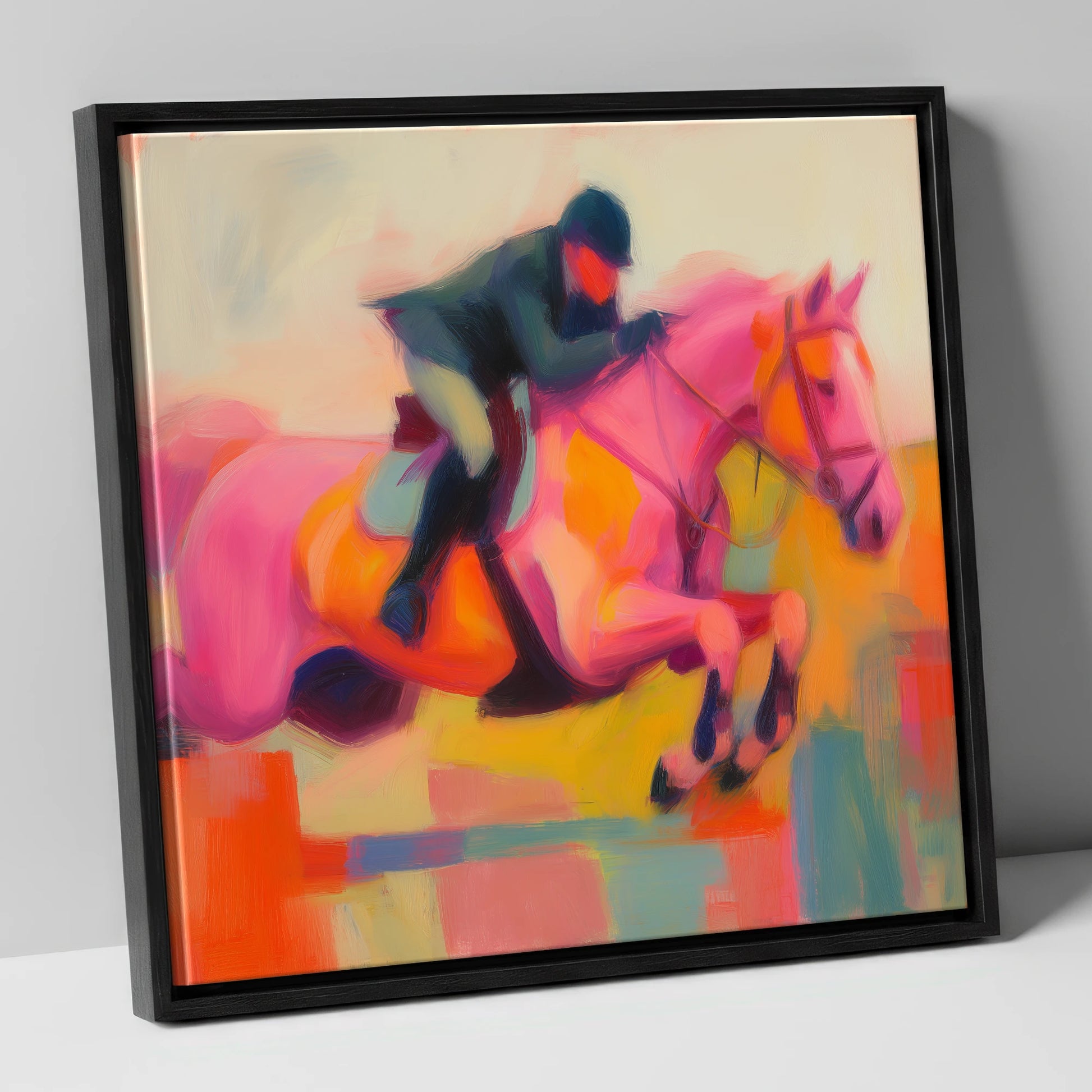 Vivid Ascent show jumping horse canvas wall art in black frame