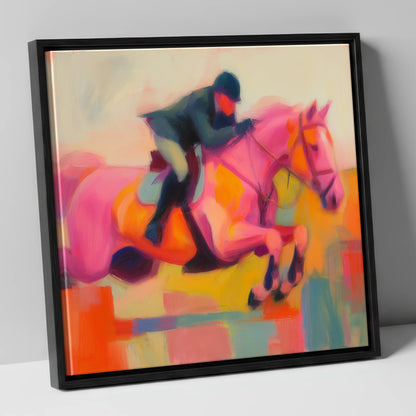 Vivid Ascent show jumping horse canvas wall art in black frame
