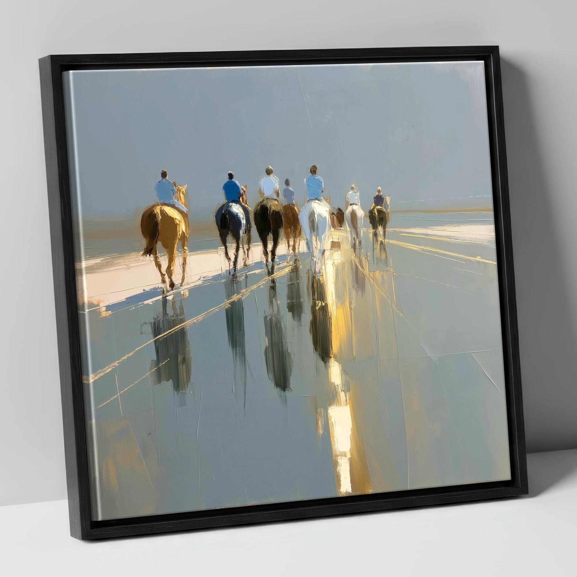 The Morning String racing horse canvas wall art in black frame