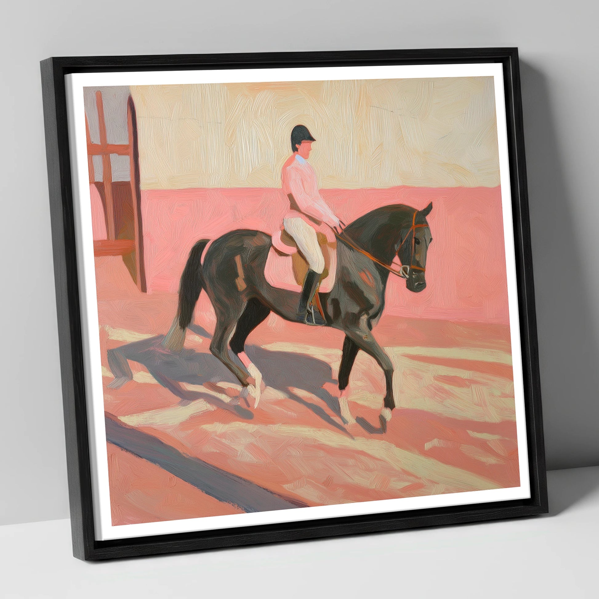 Dusty Pink Shadows dressage horse canvas wall art in black frame