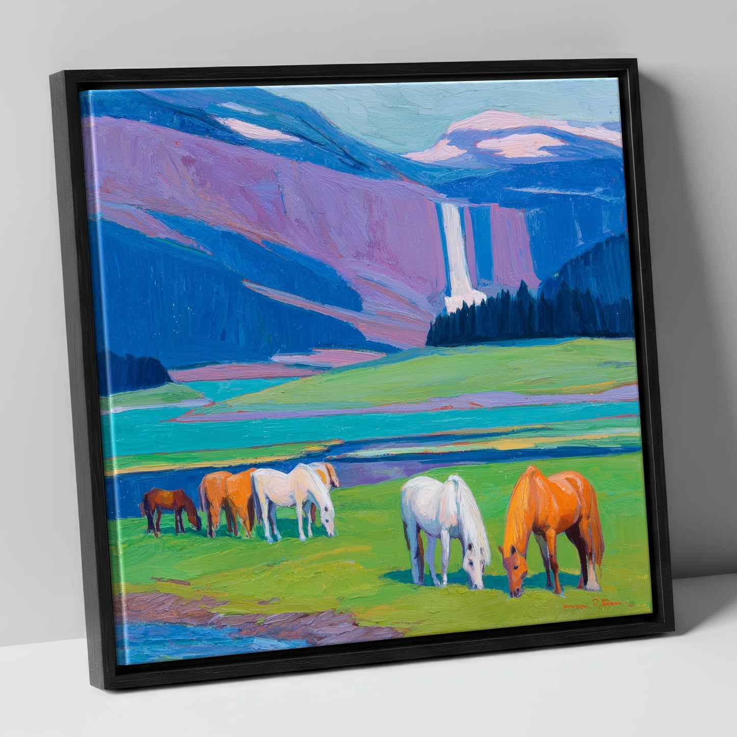 Waterfall Valley Pastures horse landscape canvas wall art in black frame
