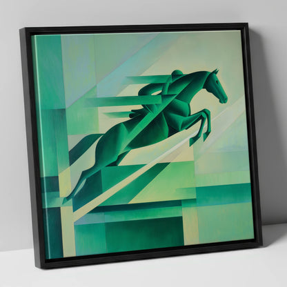 Emerald Momentum show jumping horse canvas wall art in black frame