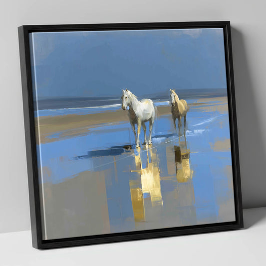 Coastal Reflections horse landscape canvas wall art in black frame