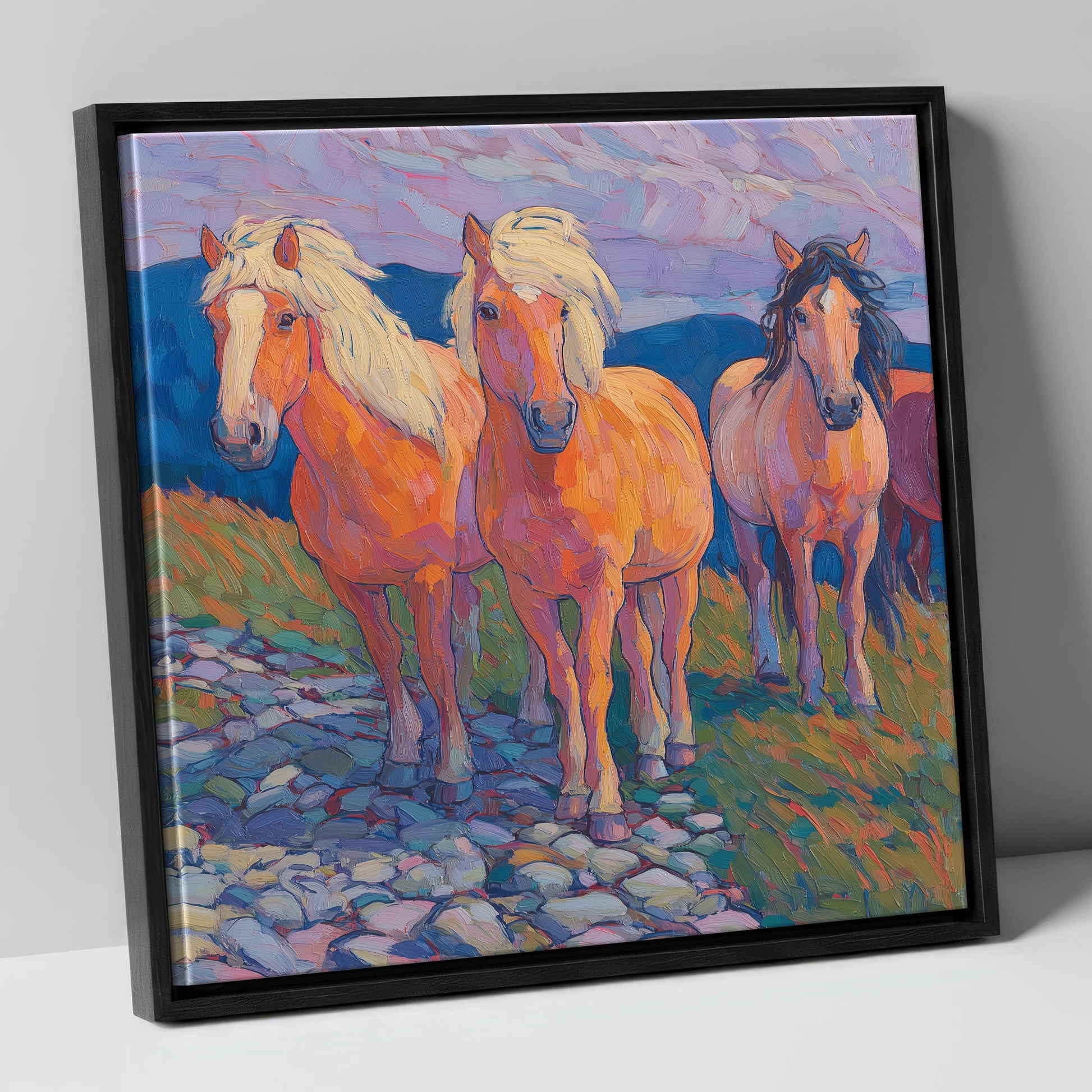 Painted Highland Herd horse landscape canvas wall art in black frame