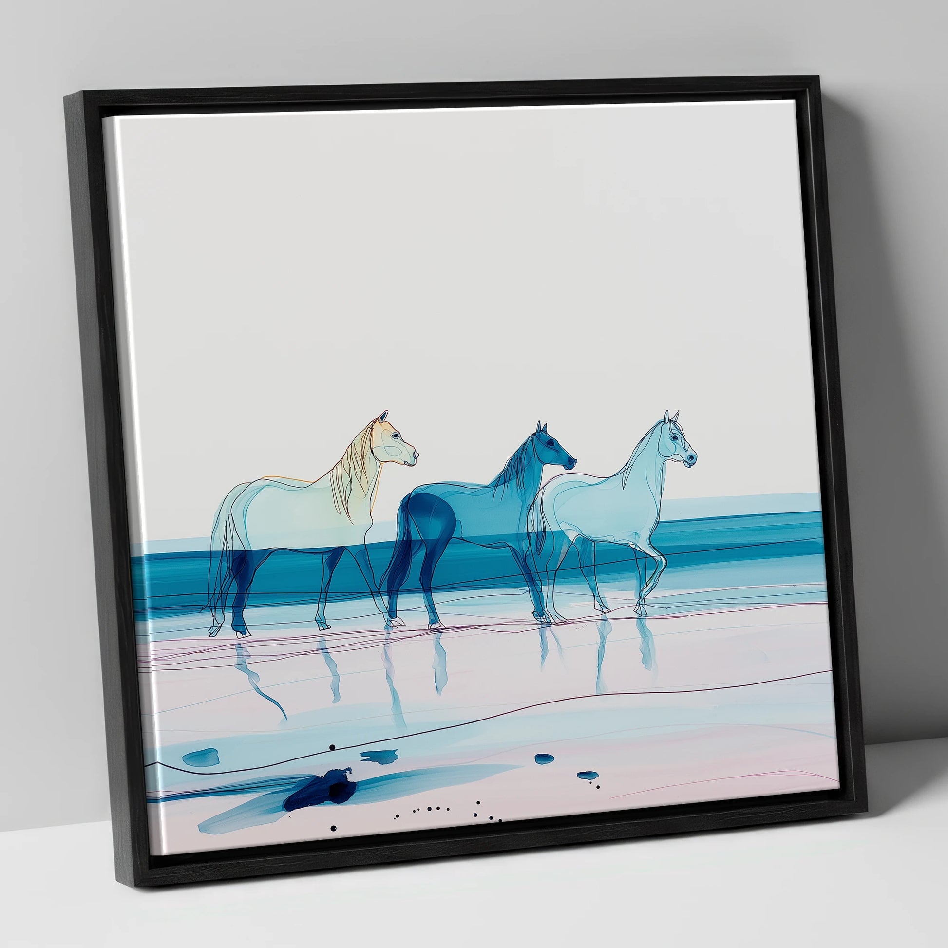 Azure Tide Walkers horse landscape canvas wall art in black frame