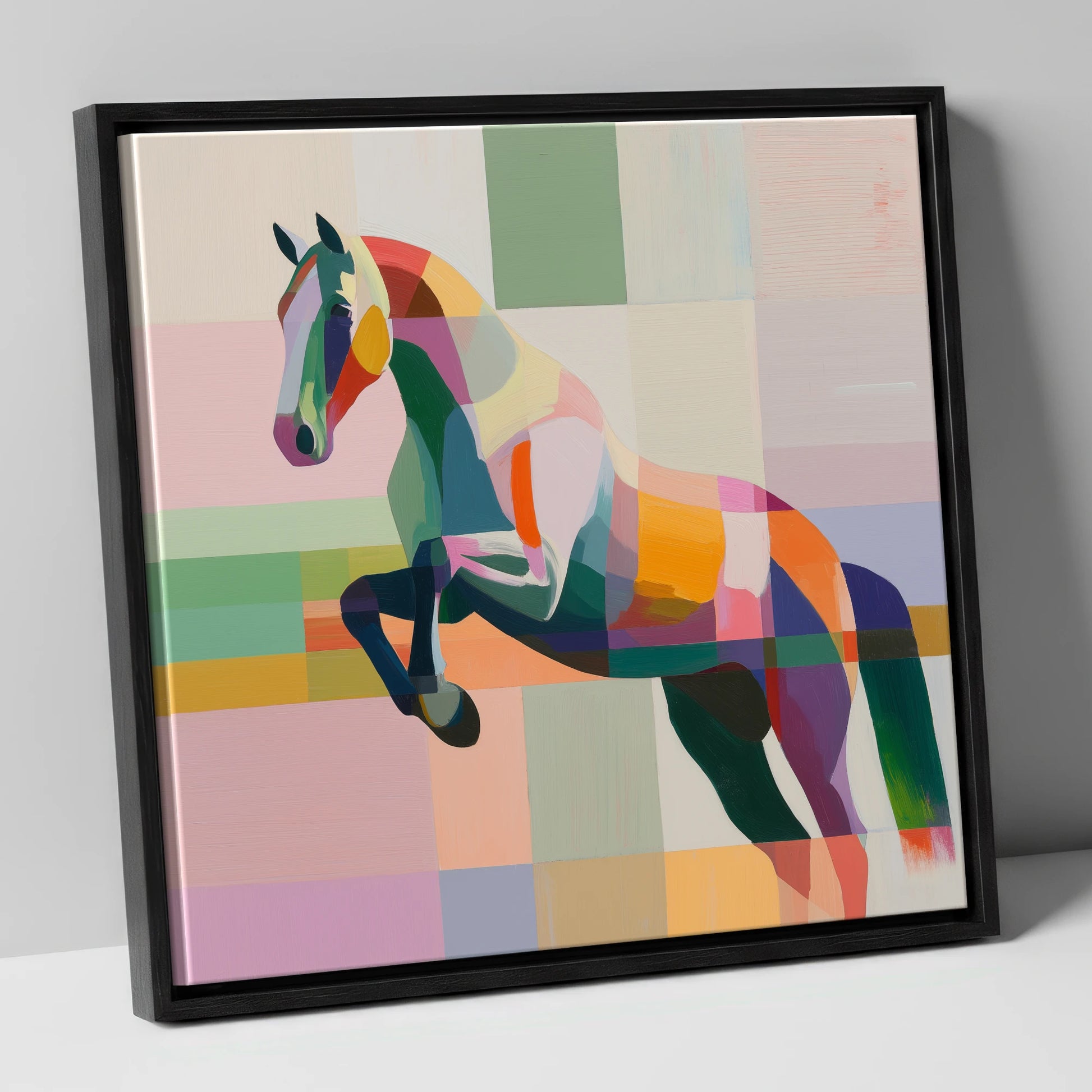 Modern Equine Leap show jumping horse canvas wall art in black frame