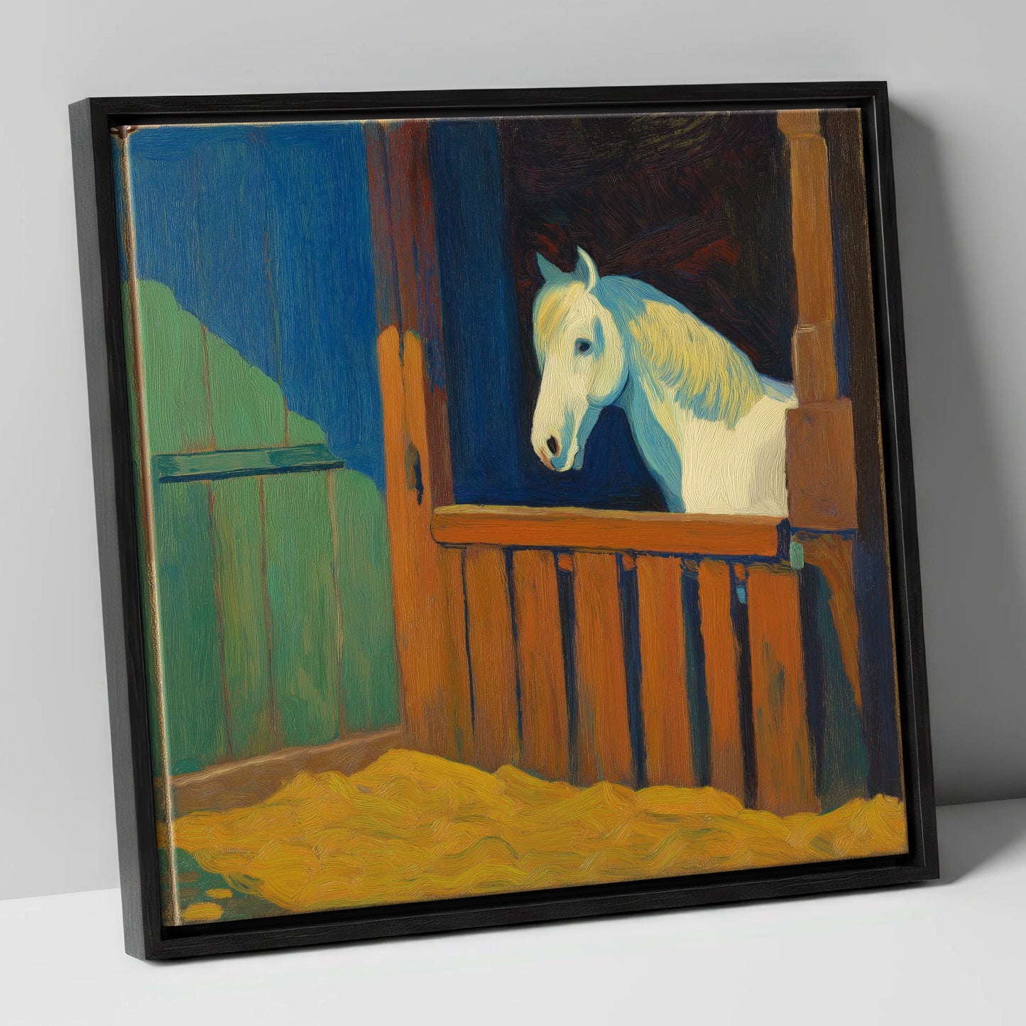 The Blue Shadowed Grey horse stable canvas wall art in black frame