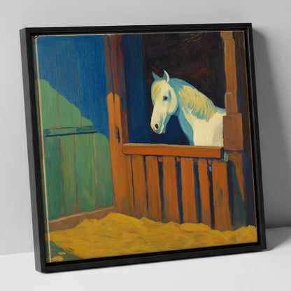 The Blue Shadowed Grey horse stable canvas wall art in black frame