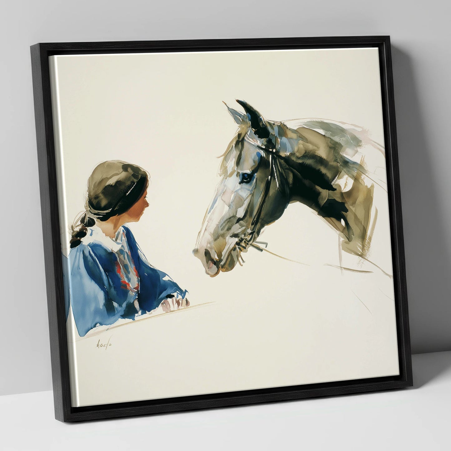 A Shared Silence horse & rider canvas wall art in black frame