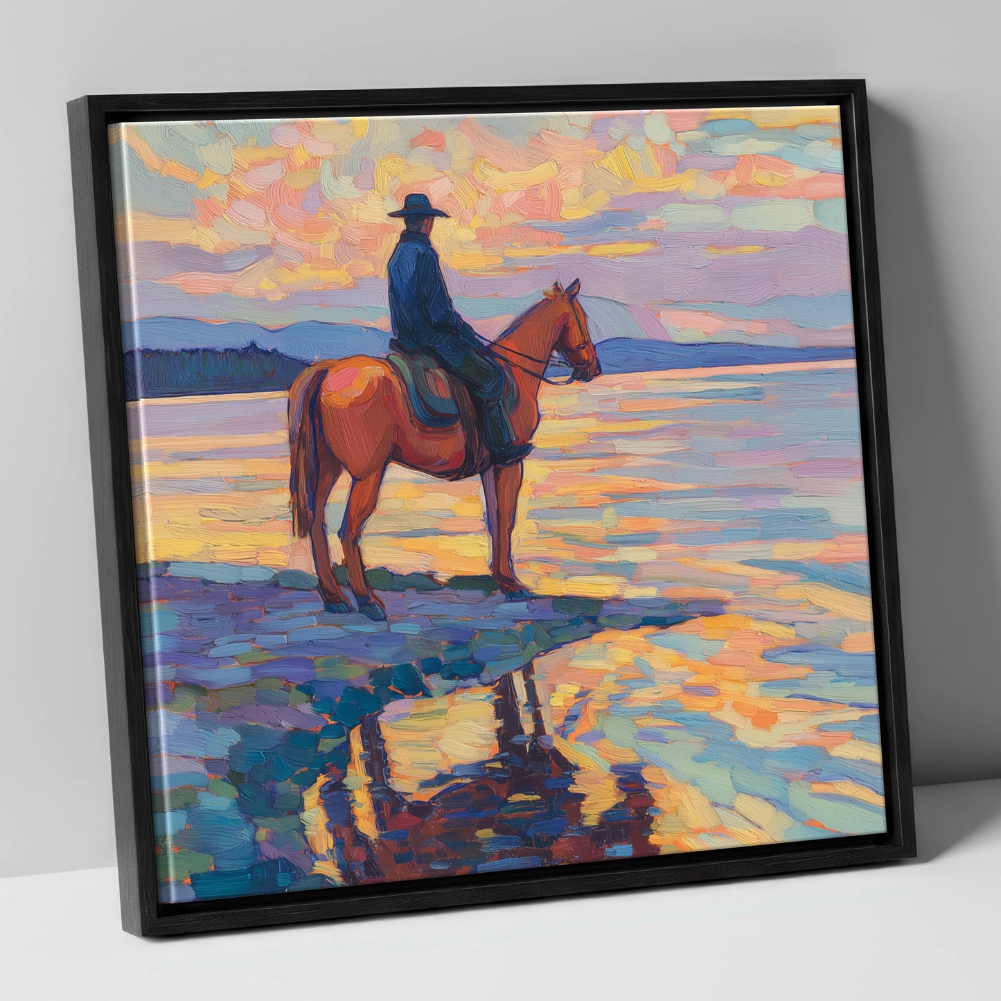 Solitary Sunset Ride beach horse canvas wall art in black frame