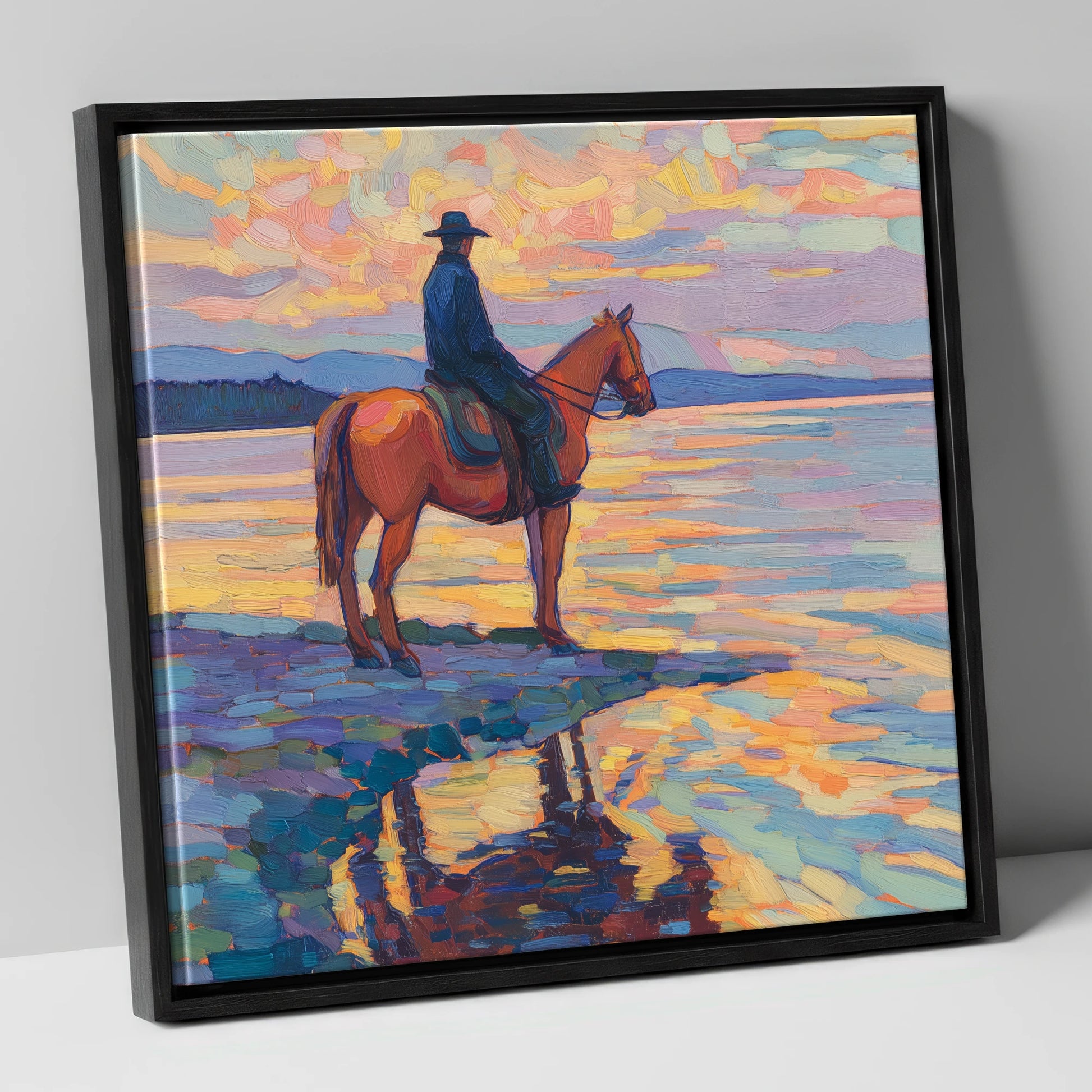 Solitary Sunset Ride beach horse canvas wall art in black frame
