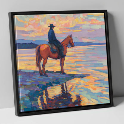 Solitary Sunset Ride beach horse canvas wall art in black frame