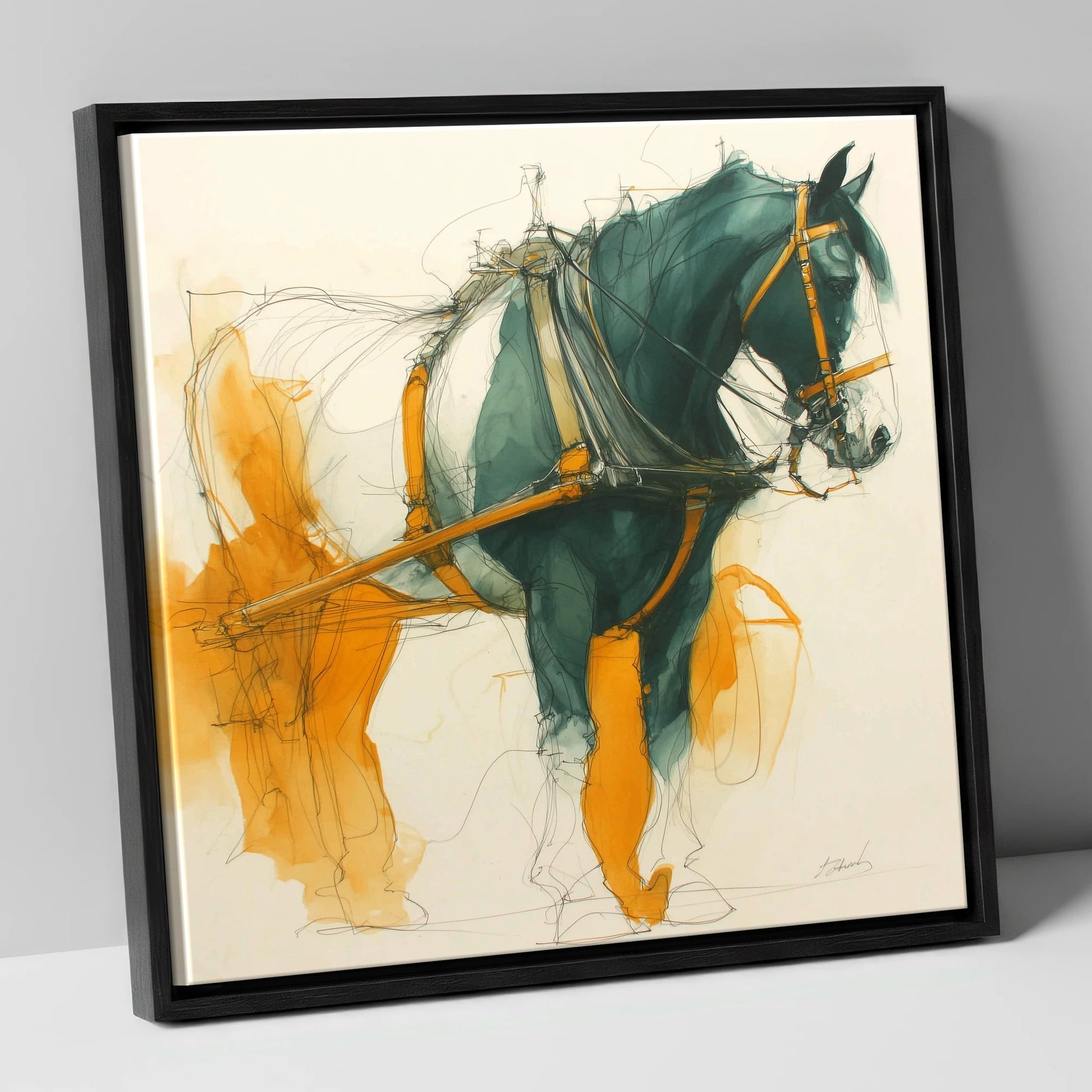 Teal and Amber Draft working horse canvas wall art in black frame