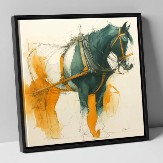 Teal and Amber Draft working horse canvas wall art in black frame
