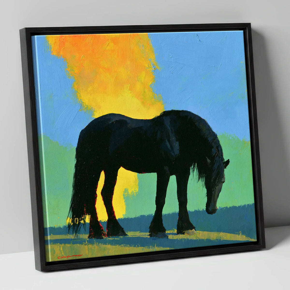 Black Heavy Horse Vibrant Landscape horse breed canvas wall art in black frame