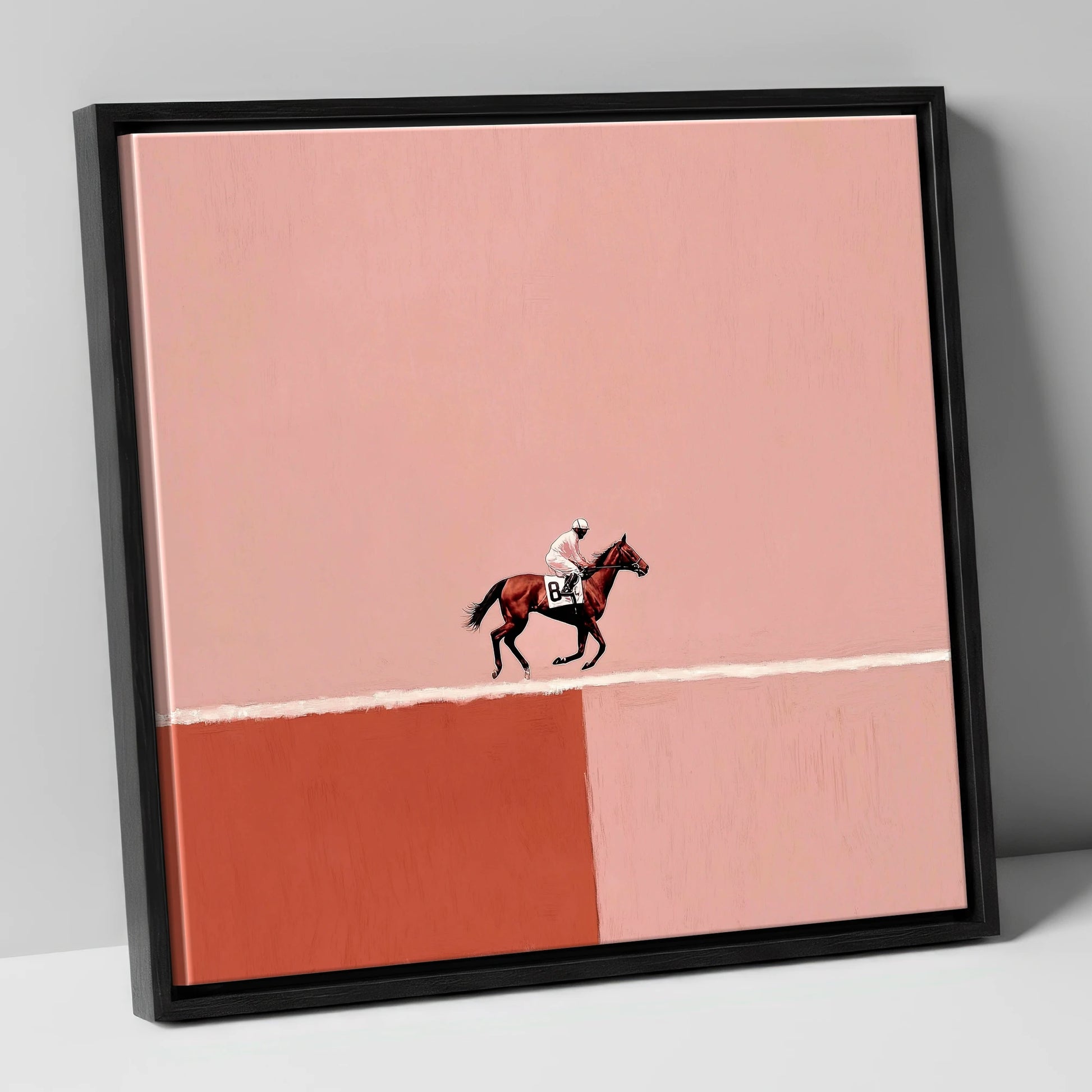 Dusty Rose Canter racing horse canvas wall art in black frame
